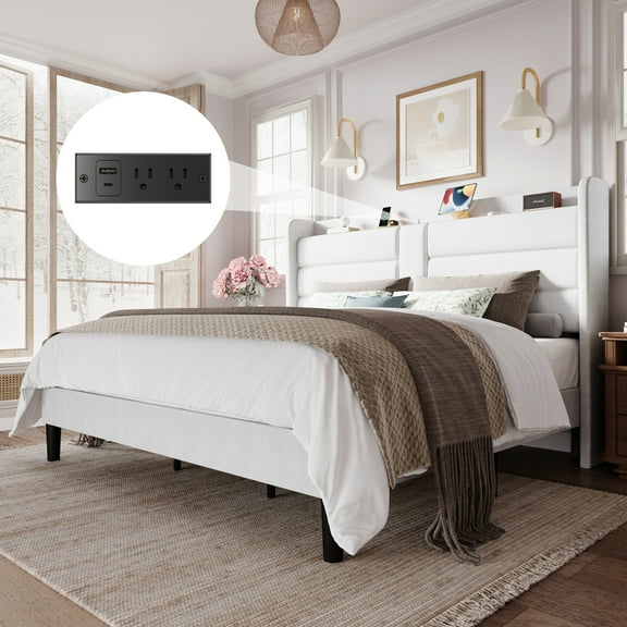 Amolife King Size Upholstered Platform Bed Frame with Velvet Wingback Headboard & USB Charging Ports, No Box Spring Needed, White