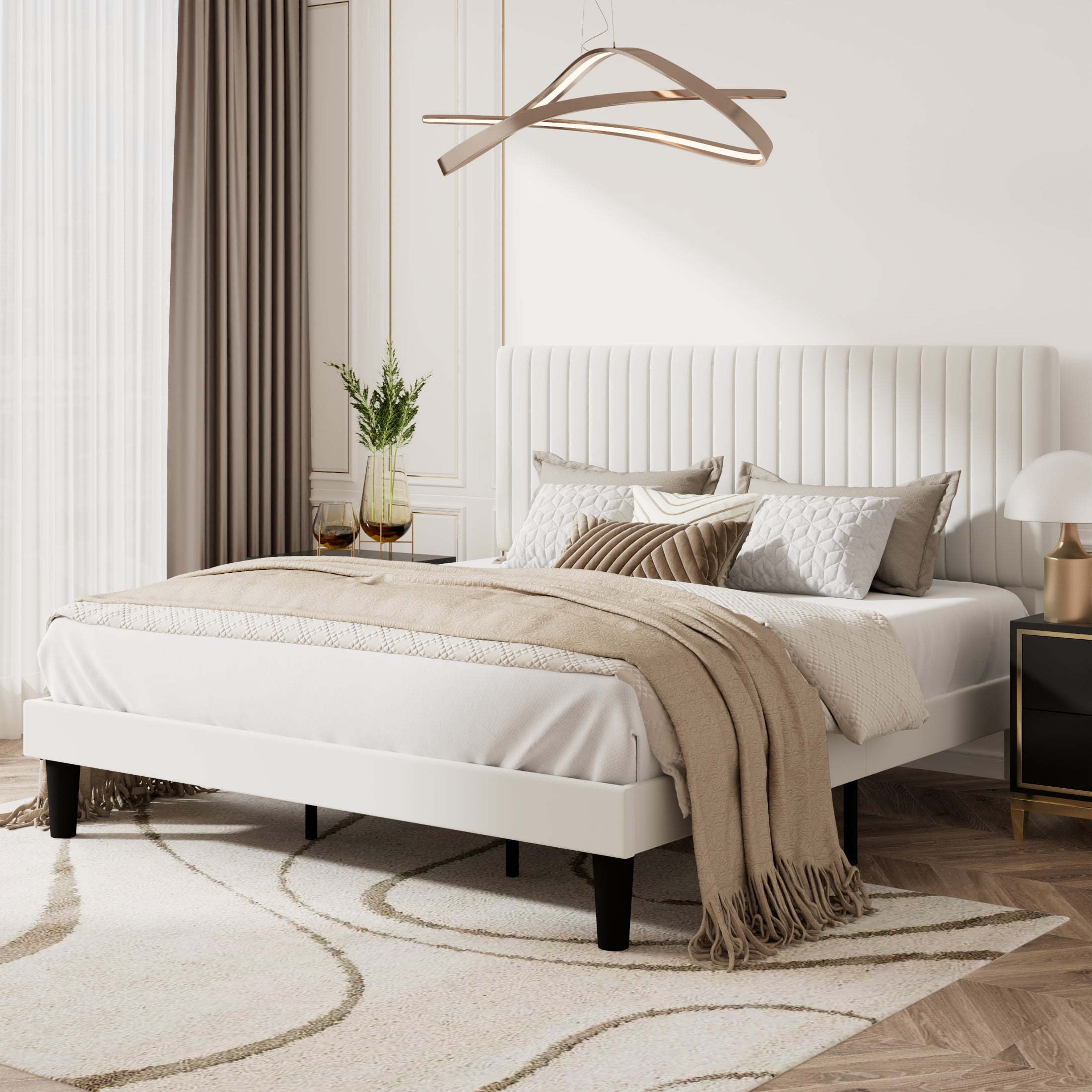 Amolife King Size Upholstered Platform Bed Frame with Adjustable Velvet Headboard, Off-White