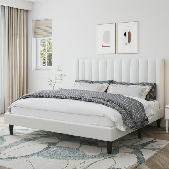 Amolife King Size Platform Bed Frame with Upholstered Velvet Channel Headboard, White