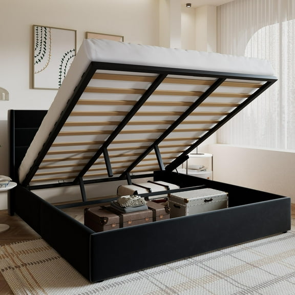 Amolife King Size Bed Frame, Velvet Lift Up Storage Platform Bed with Upholstered Panel Wingback Headboard, Black