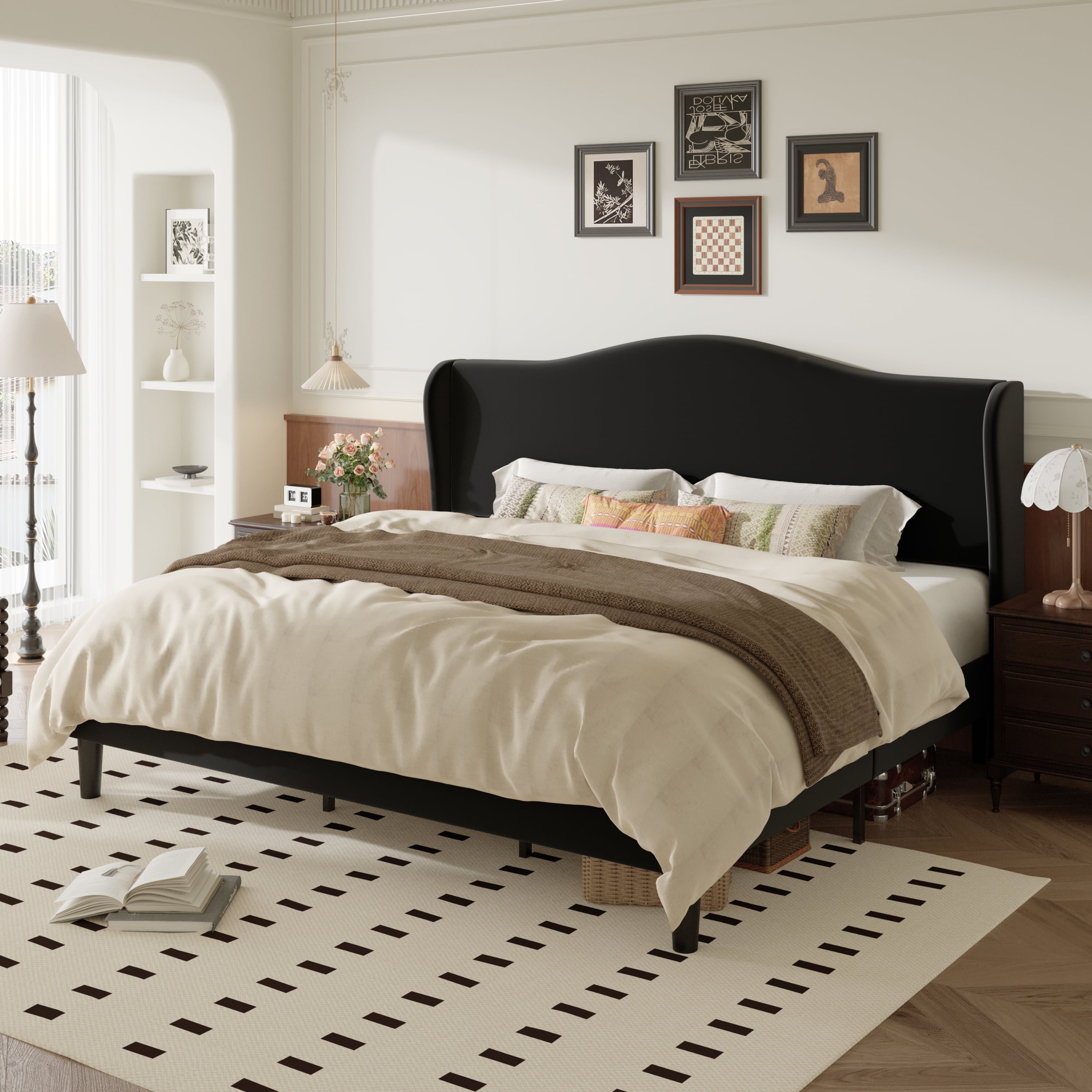 Amolife King Bed Frame with Velvet Upholstered Wingback Headboard, Personalized Platform Bed, No Box Spring Required, Black