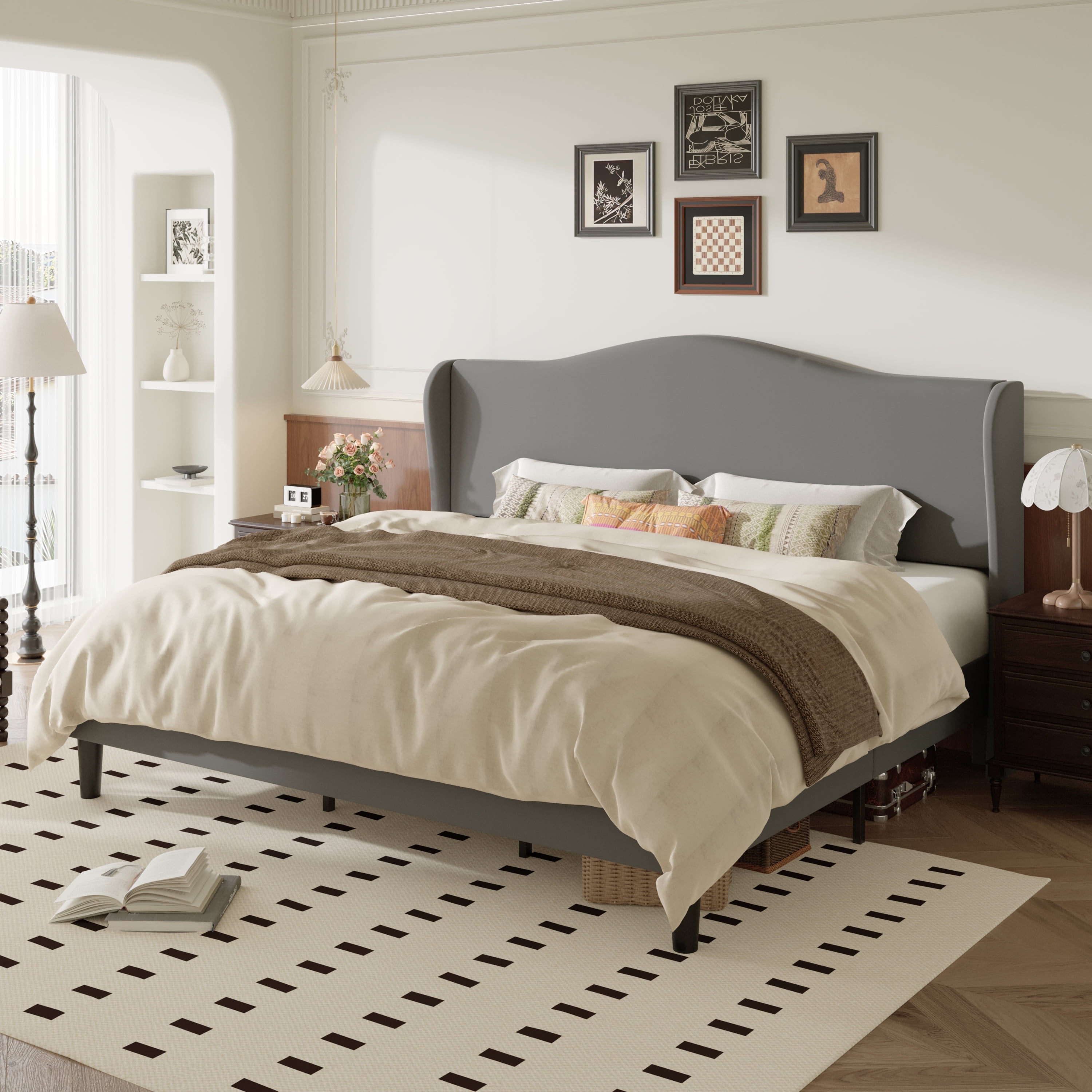 Amolife King Bed Frame with Velvet Upholstered Wingback Headboard, Personalized Platform Bed, No Box Spring Required, Light Gray