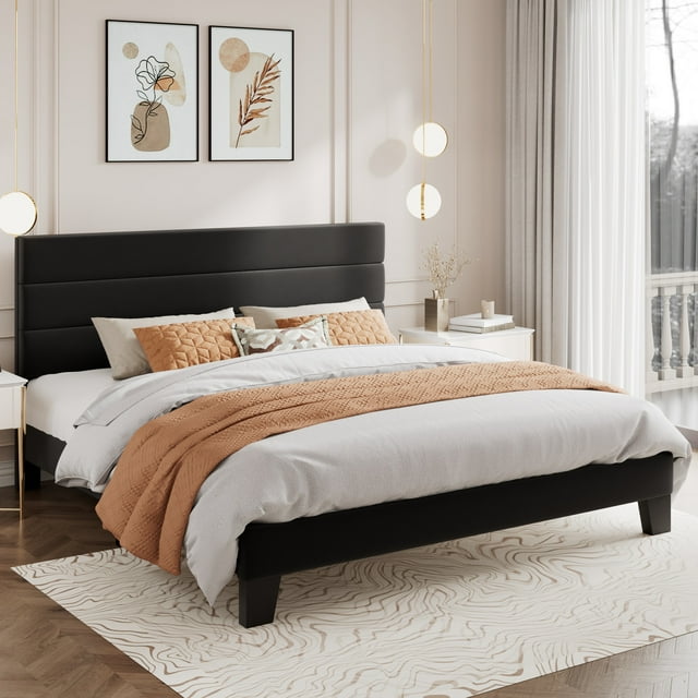 Amolife King Size Velvet Upholstered Bed Frame with Headboard, Black