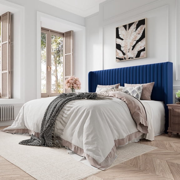 Amolife King Size Velvet Upholstered Bed with Wingback Headboard, Dark Blue