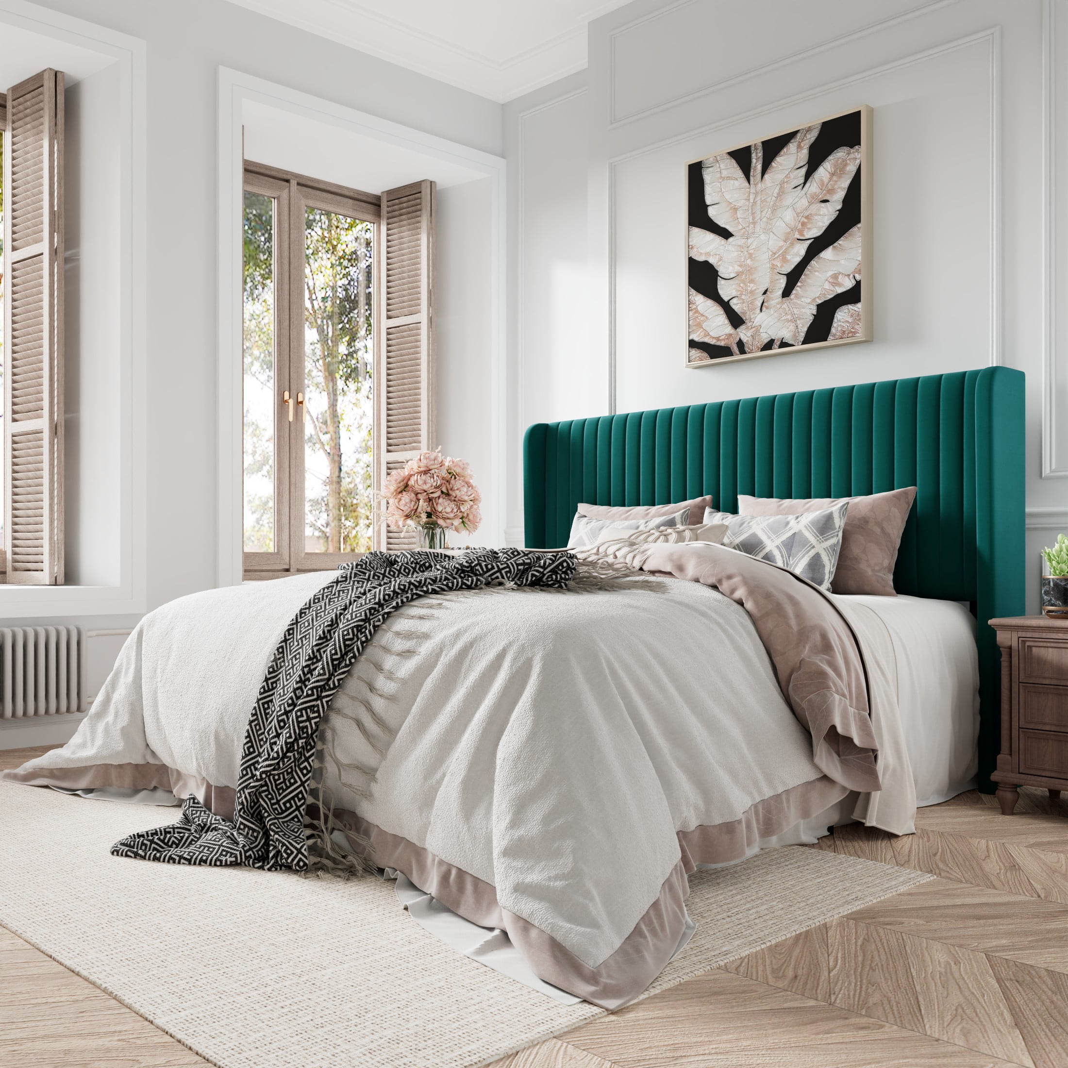 Amolife Velvet Wingback King Size Bed Frame, Upholstered with Vertical Stripes, Lake Blue  (图1) Amolife Velvet Wingback King Size Bed Frame, Upholstered with Vertical Stripes, Lake Blue  (图1)