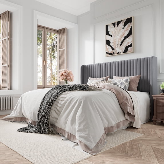 Amolife King Size Velvet Upholstered Bed with Wingback Headboard, Light Grey
