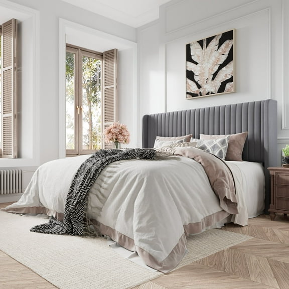 Amolife King Size Velvet Upholstered Bed with Wingback Headboard, Light Grey