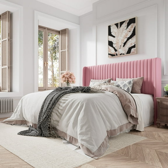 Amolife King Size Velvet Upholstered Bed with Wingback Headboard, Pink