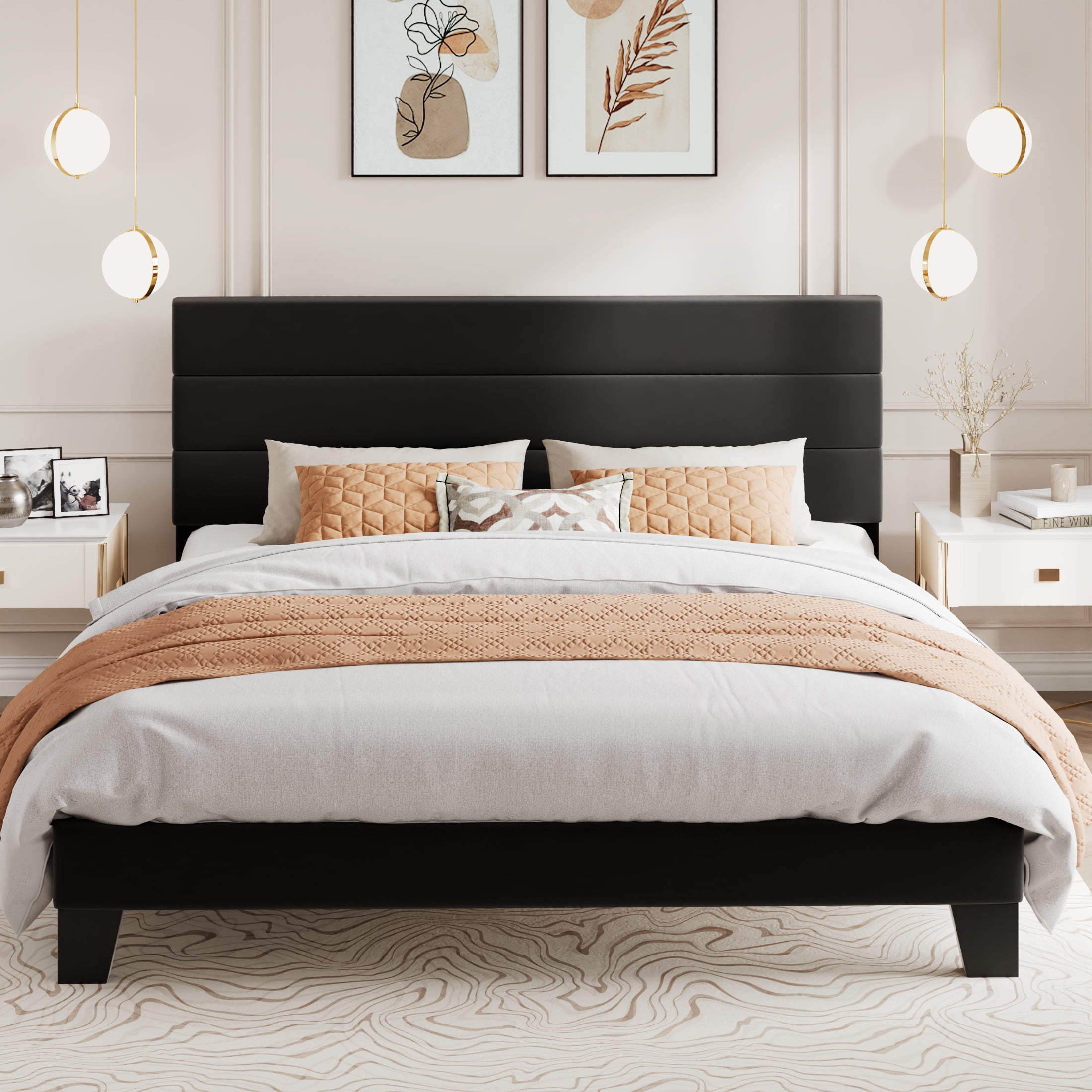 Amolife King Size Bed Frame Upholstered in Velvet with Headboard, Black