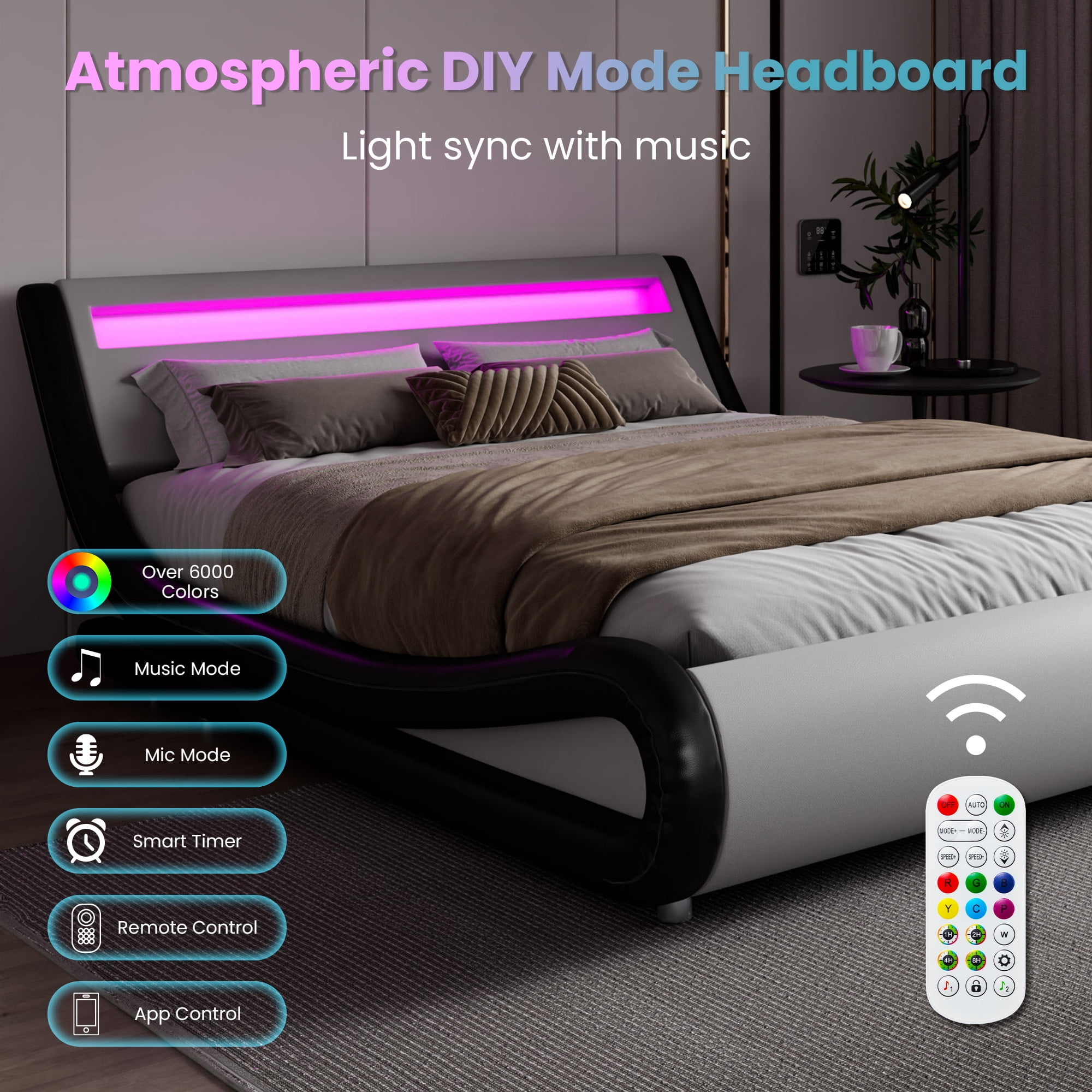 Amolife King Size Wave-like Curve Deluxe Upholstered Modern Bed Frame with LED Headboard, Black+White