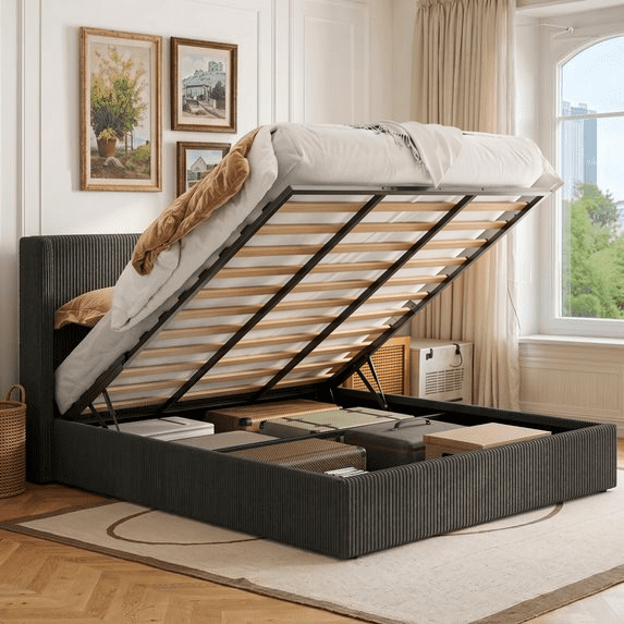 Amolife King size Hydraulic Lift Storage Bed Frame with Wingback Headboard, Corduroy Upholstery, Black