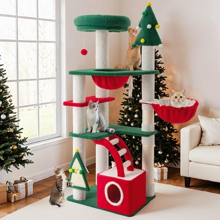 Amolife 67" Large Cat Tree and Tower, Christmas Condo House with Stair & Scratching Posts for Indoor Cat, Red & Green