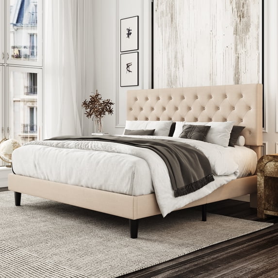 Amolife King Linen Fabric Upholstered Platform Bed Frame with Adjustable Headboard, Diamond Button Tufted Style, Beige