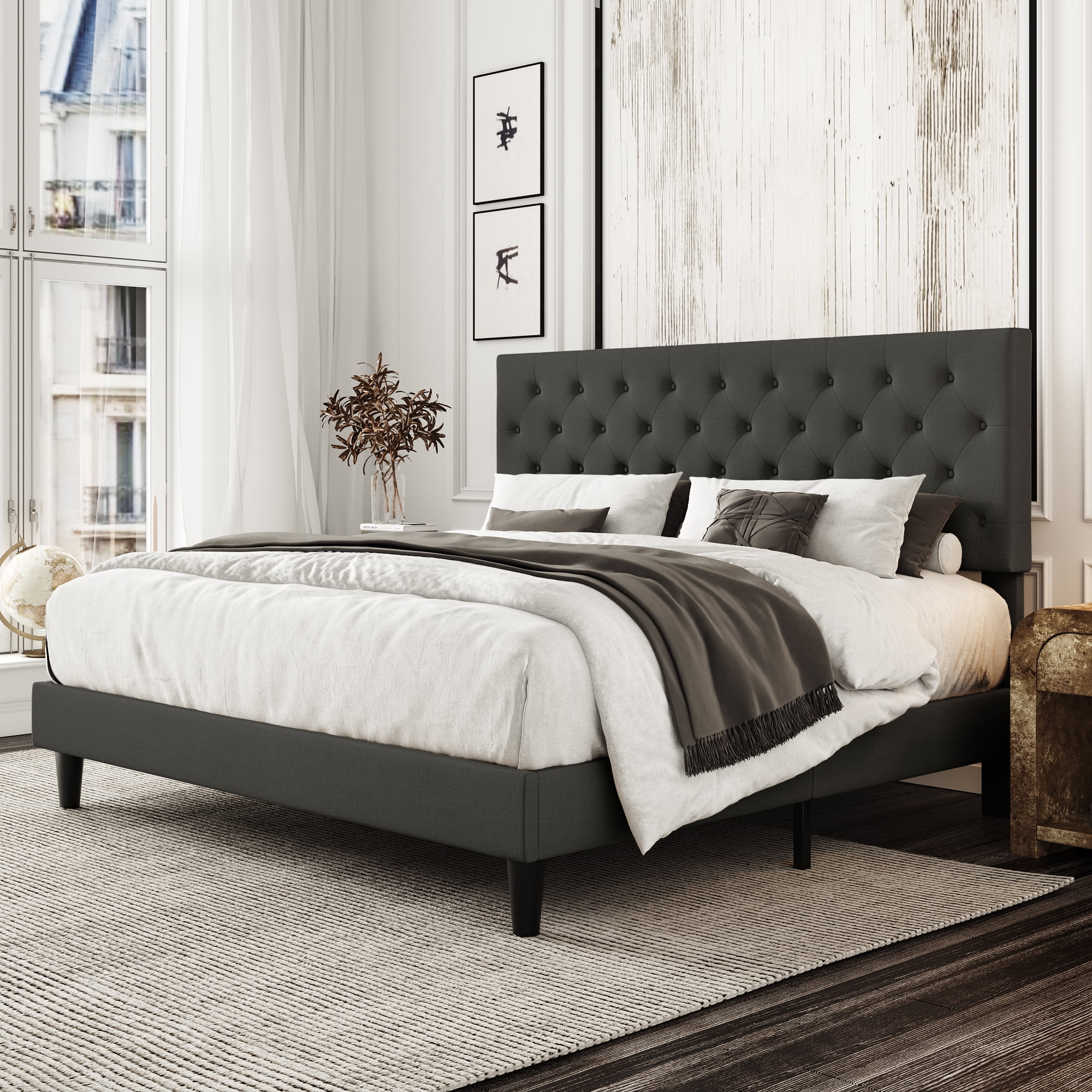 Grey fabric king sale bed