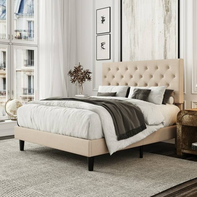 Amolife Queen Size Linen Fabric Bed Frame with Diamond Button Tufted