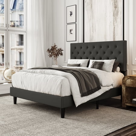 Amolife Queen Linen Fabric Upholstered Platform Bed Frame with Adjustable Headboard, Diamond Button Tufted Style, Dark Grey