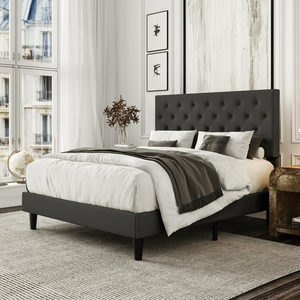 Amolife Linen Fabric Queen Bed Frame with Headboard Diamond Button Tufted Style Dark Grey