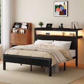 Amolife Metal Queen Platform Bed Frame with RGB LED Storage Headboard, Charging Station & USB Ports, 2 Storage Shelves, 12" Under-Bed Storage Space, Heavy-Duty, Black