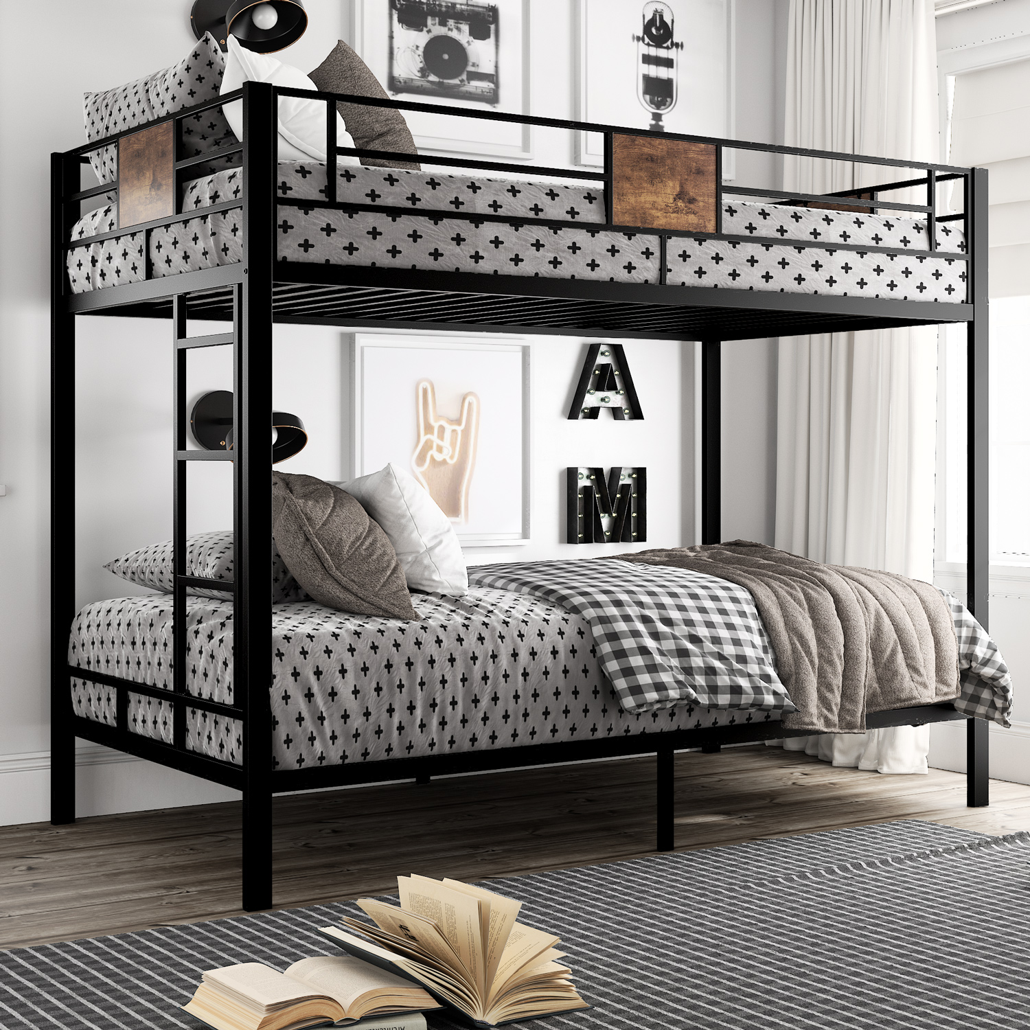 Amolife Metal Twin Over Twin Size Bunk Bed Frame with Stairs Full Length Guardrail Black