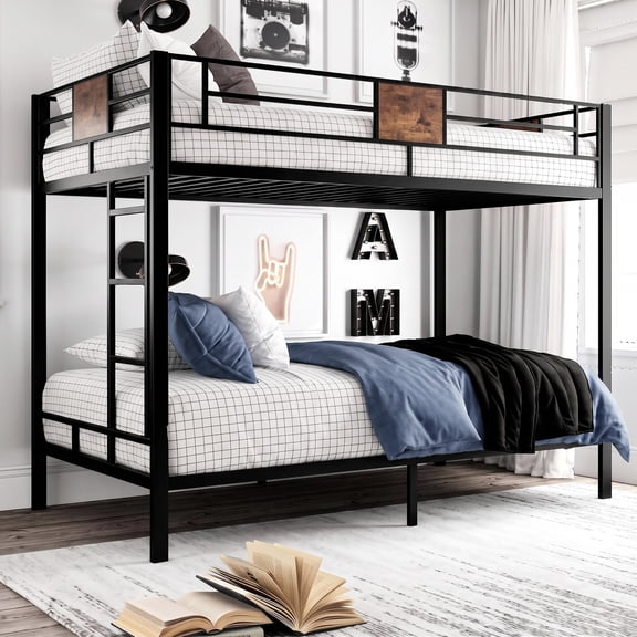 Amolife Twin Over Twin Size Metal Bunk Bed Frame with Removable Ladder & 13" Full-Length Guardrail, Black