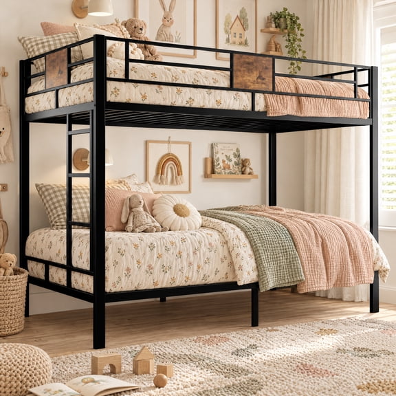 Amolife Twin Over Twin Size Metal Bunk Bed Frame with Removable Ladder & Sturdy Full-Length Guardrail, Black