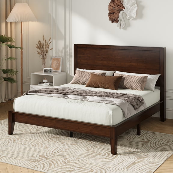 Amolife Queen Bamboo Wood Platform Bed Frame with Upgraded Headboard and Recessed Design, Durable Structure, No Box Spring Needed, Black Walnut