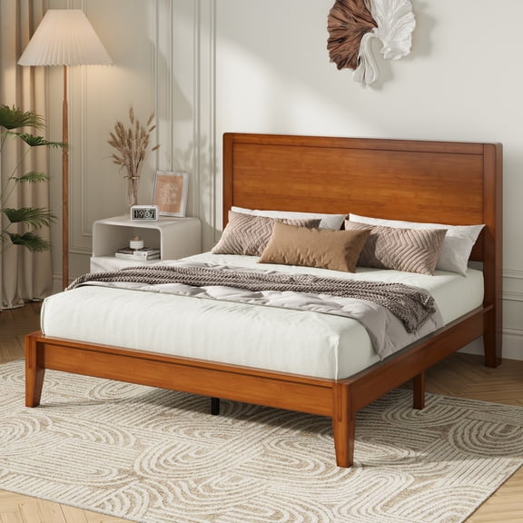 Amolife Queen Bamboo Wood Platform Bed Frame with Upgraded Headboard and Recessed Design, Durable Structure, No Box Spring Needed, Cherry Red