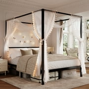 Amolife Queen Bed Frame, Canopy Bed with Metal Headboard, No Box Spring Needed, Black