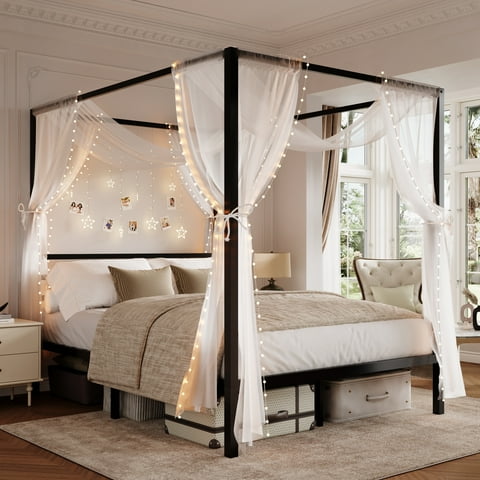 Amolife Queen Bed Frame, Canopy Bed with Metal Headboard, No Box Spring Needed, Black