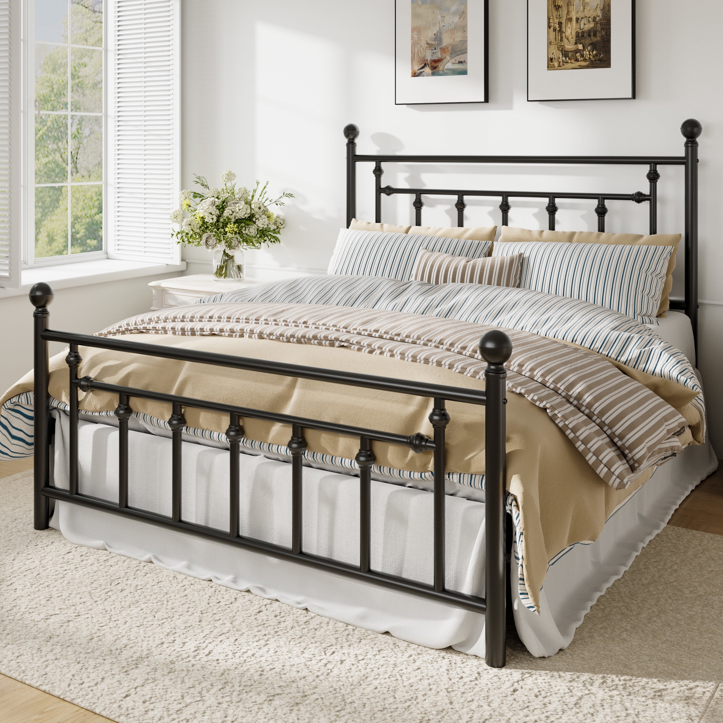 Amolife Queen Bed Frame, Metal Platform Bed Frame with Vintage Pattern Headboard, Black