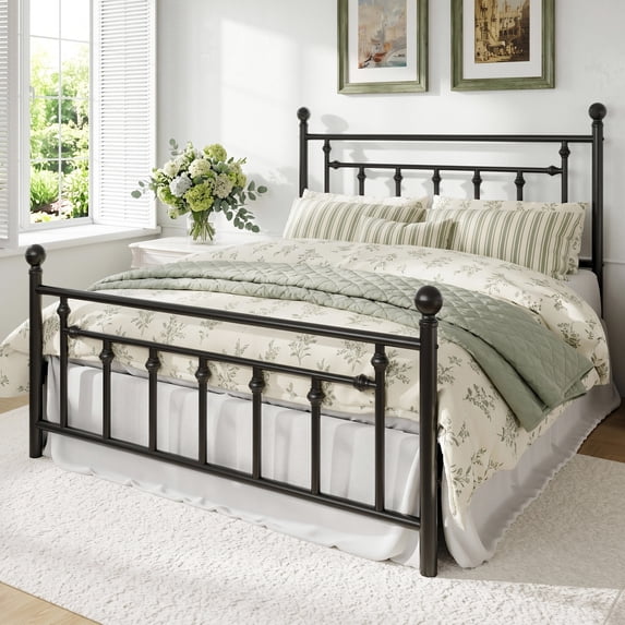 Amolife Queen Bed Frame, Metal Platform Bed Frame with Vintage Pattern Headboard, Black