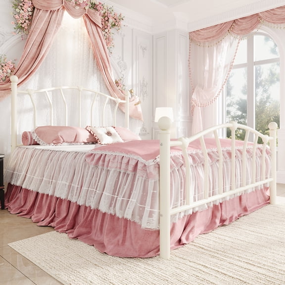 Amolife Queen Bed Frame, Metal Platform Bed with Heart-Shaped Headboard and Footboard, 12.6'' Under-Bed Storage Space, No Box Spring Needed, Cream White