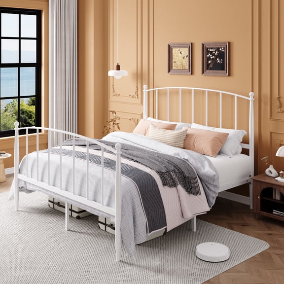 Amolife Queen Bed Frame, Metal Platform Bed with Curved Headboard and Footboard, Ample Under-Bed Storage Space, No Box Spring Needed, White