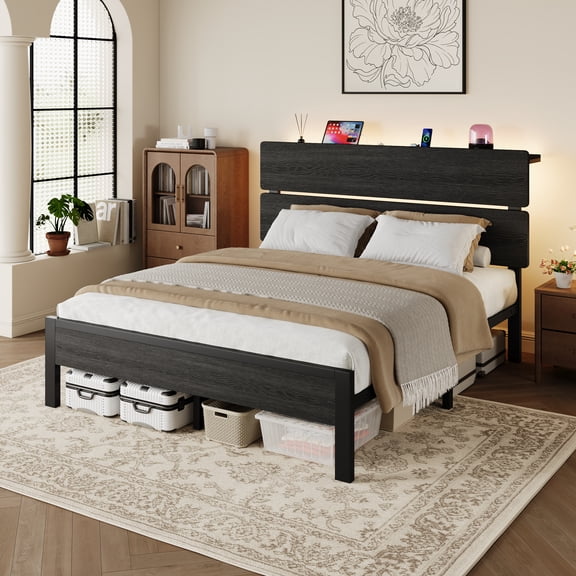 Amolife Queen Bed Frame, Metal Platform Bed with Smart LED Light Wooden Storage Headboard, USB Ports & AC Sockets, Black Oak