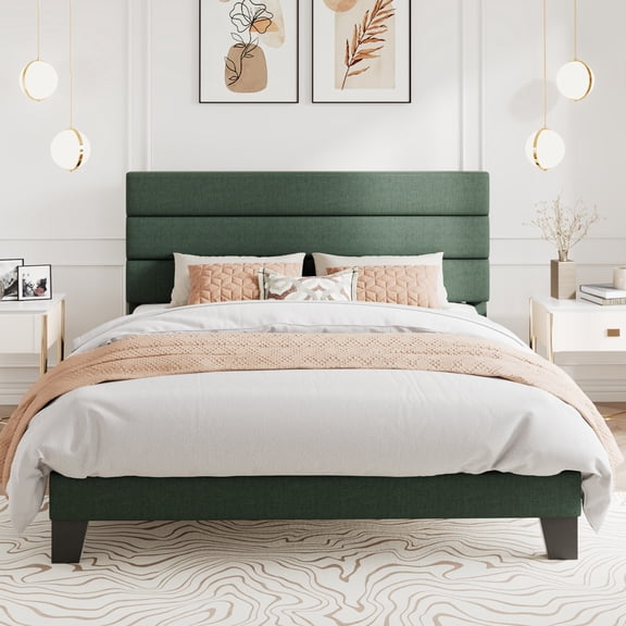 Amolife Queen Bed Frame, Platform Bed Frame with Chenile Fabric Upholstered Slat Headboard, Green