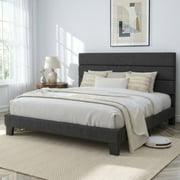 Amolife Queen Bed Frame, Platform Bed Frame with Fabric Upholstered Headboard, Dark Grey