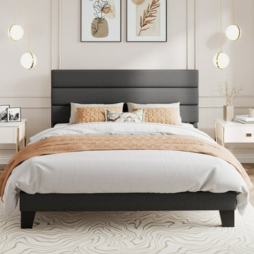 Amolife Queen Bed Frame, Platform Bed Frame with Fabric Upholstered Headboard, Dark Grey