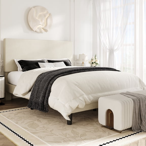 Amolife Queen Bed Frame, Platform Bed Frame with Upholstered Adjustable Headboard, Cream White, Velvet