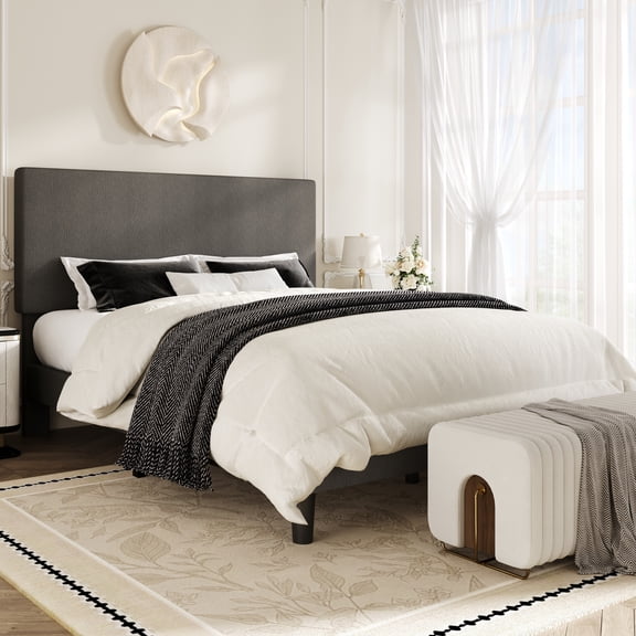 Amolife Queen Bed Frame, Platform Bed Frame with Upholstered Adjustable Headboard, Gray, Nubby Fabric