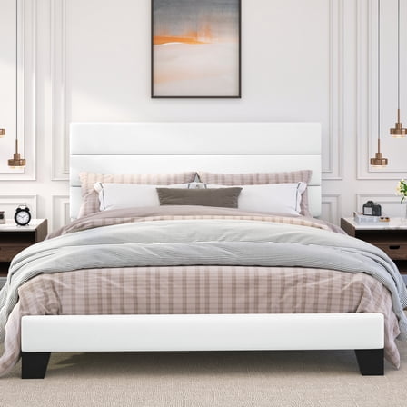 Amolife Queen Bed Frame, Platform Bed Frame with Upholstered Velvet Headboard, White