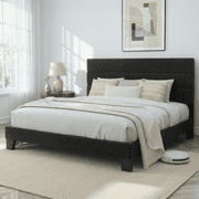 Amolife Queen Bed Frame, Platform Bed Frame with Velvet Upholstered Headboard, Black