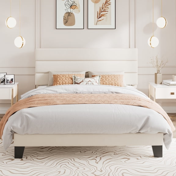 Amolife Queen Bed Frame, Platform Bed Frame with Velvet Upholstered Slat Headboard, Cream