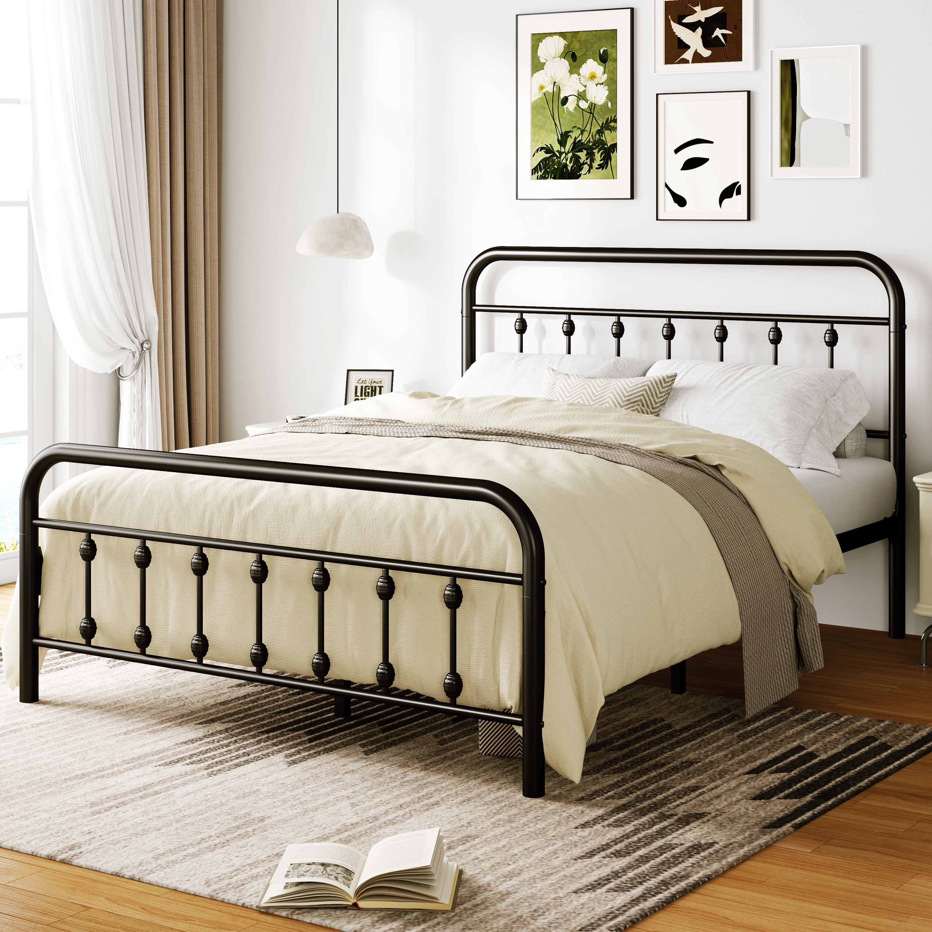 Amolife Queen Size Metal Platform Bed Frame with Vintage Headboard & 12.6" Under-Bed Storage, Black