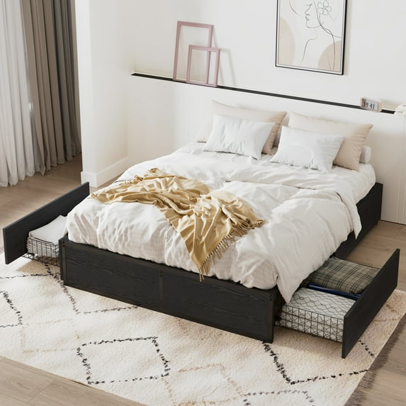 Amolife Queen Bed Frame, Metal Storage Platform Bed with 2 Ultra-Flexible Drawers & Easy Assembly, Black