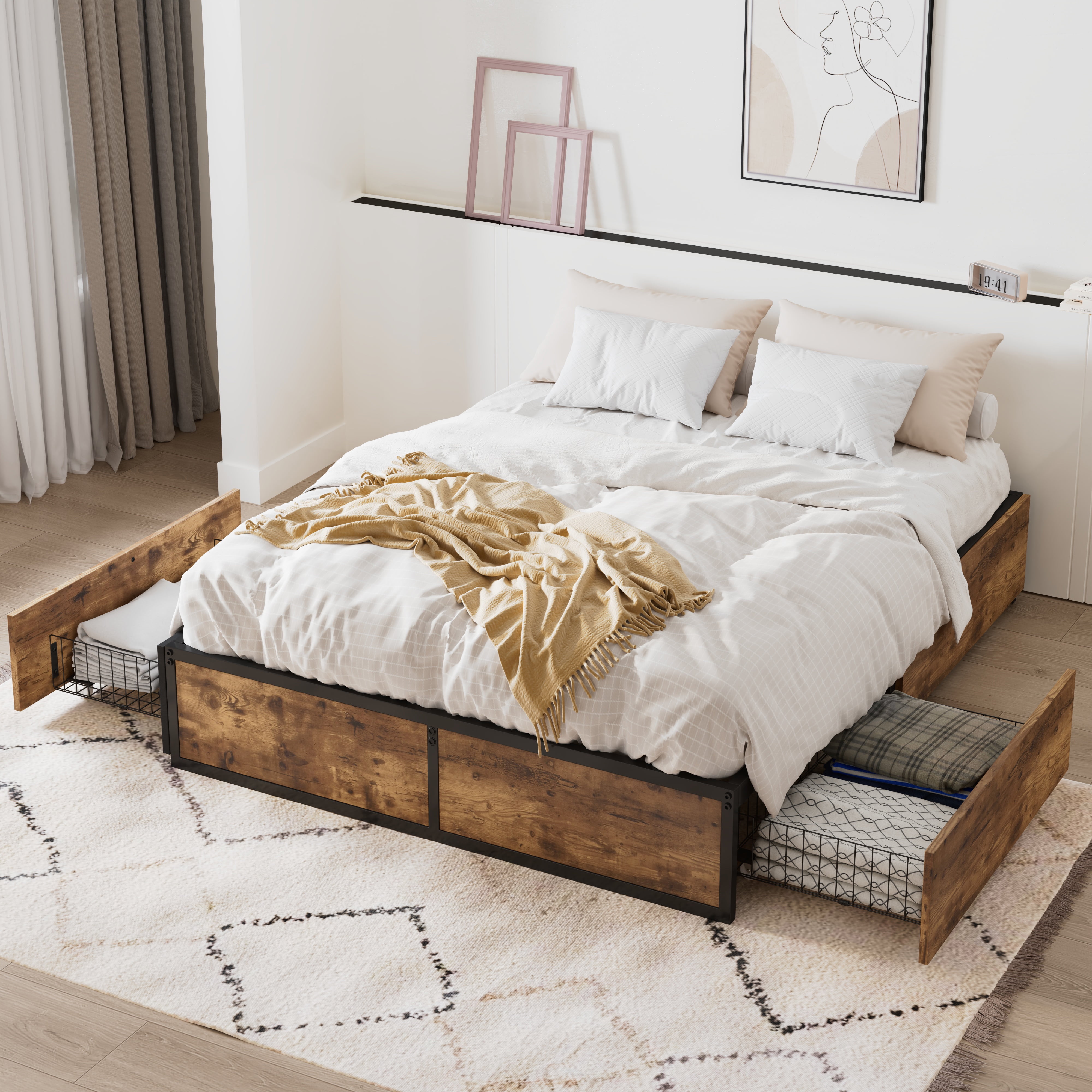 Amolife Queen Bed Frame, Metal Storage Platform Bed with 2 Ultra-Flexible Drawers & Easy Assembly, Brown