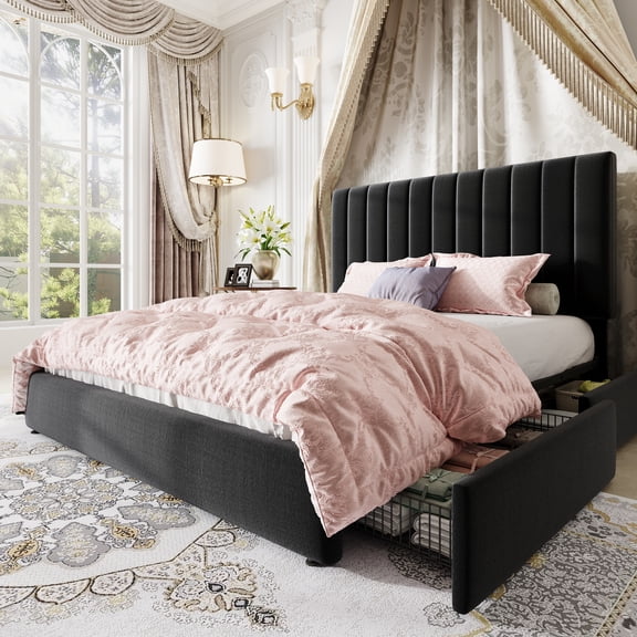 Amolife Queen Bed Frame, Platform Bed with Adjustable Velvet-Wrapped Headboard and 4 Storage Drawers, No Box Spring Required, Black