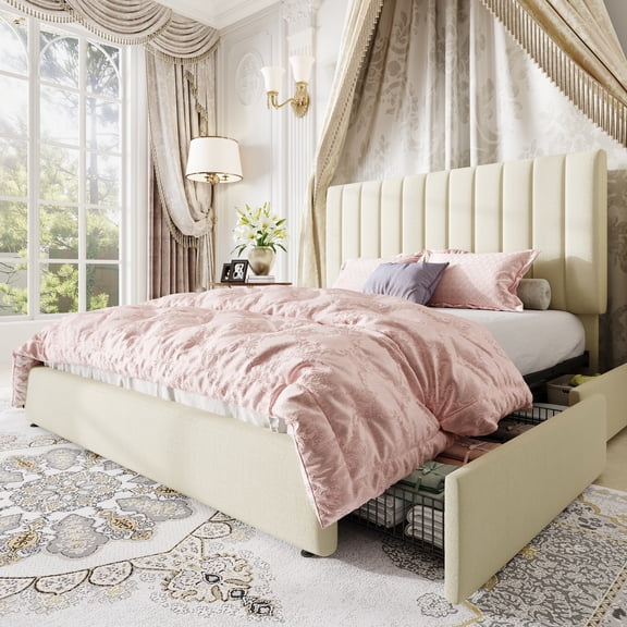Amolife Queen Bed Frame, Platform Bed with Adjustable Velvet-Wrapped Headboard and 4 Storage Drawers, No Box Spring Required, Cream White