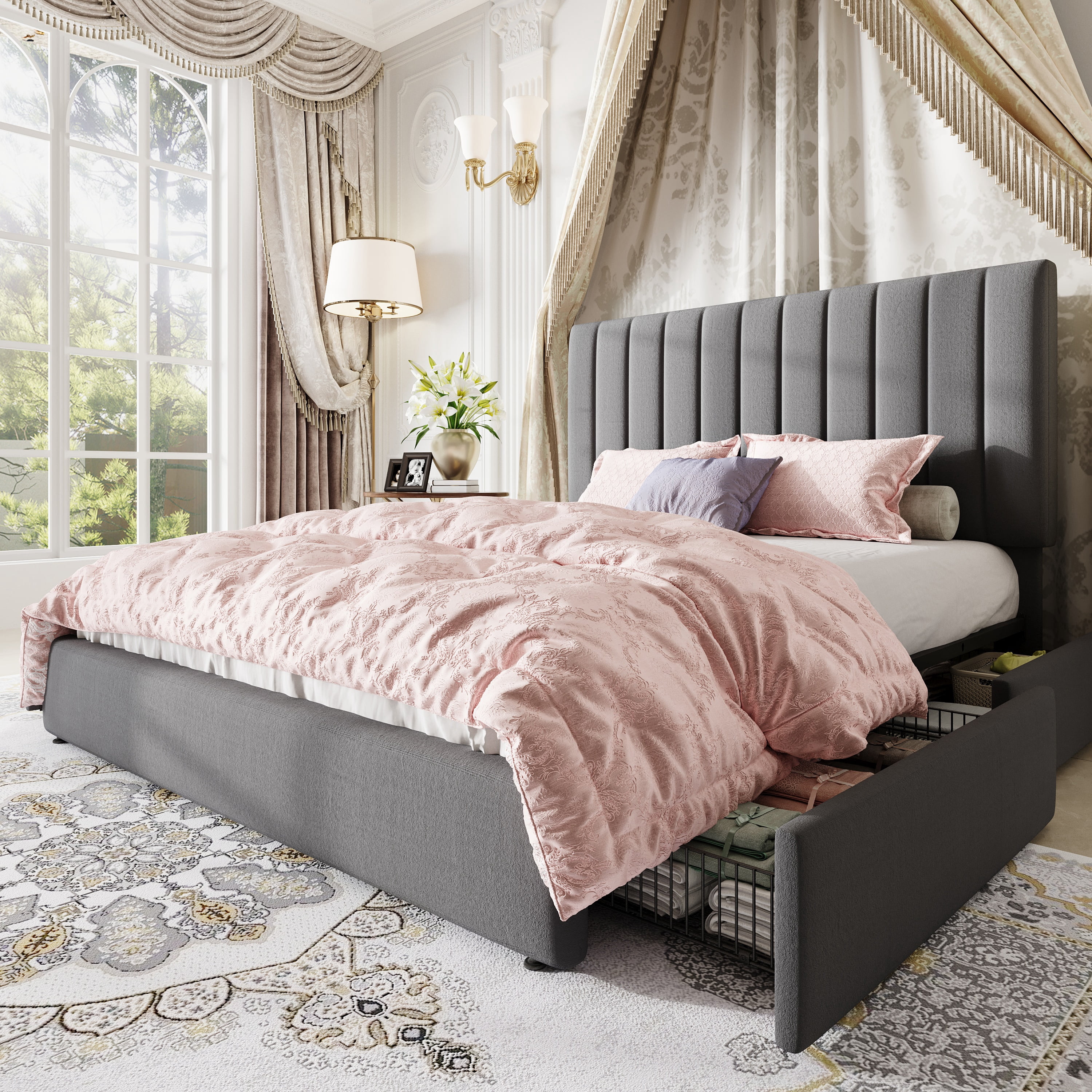 Amolife Queen Bed Frame, Platform Bed with Adjustable Velvet-Wrapped Headboard and 4 Storage Drawers, No Box Spring Required, Gray