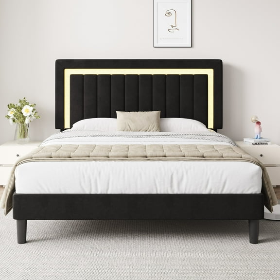Amolife Queen Bed Frame, Platform Bed with LED Light Velvet Vertical Channel Upholstered Headboard, Black