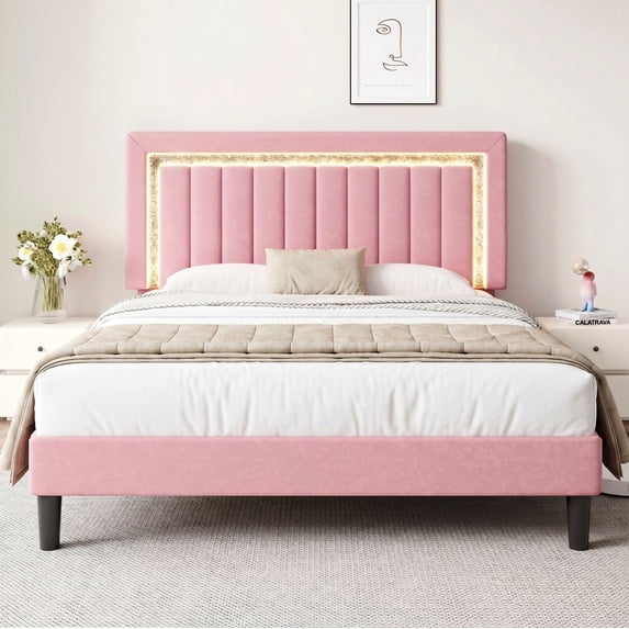 Amolife Queen Bed Frame, Platform Bed with Crystal LED Light Velvet Vertical Channel Upholstered Headboard, Pink